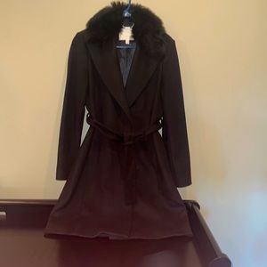 Hugo boss wool coat fur trim.